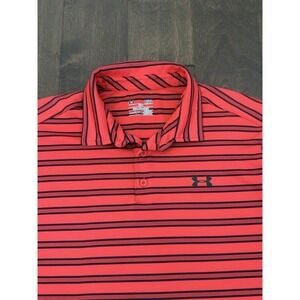Under Armour‎ Mens Size L Orange Striped Stretch Golf Polo Shirt Loose HeatGea